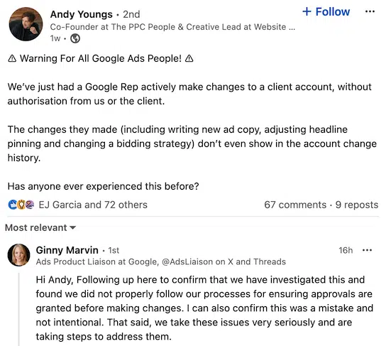 Google вносив несанкціоновані зміни в акаунті рекламодавця | 10 несанкціоновані зміни в акаунті рекламодавця Google